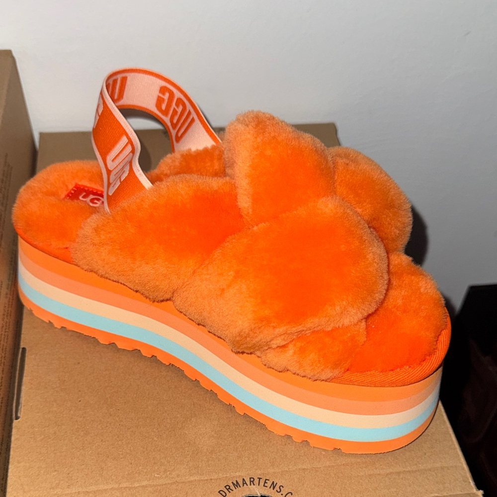 UGG Women's Bright Orange Fluffy Platform Slippers
